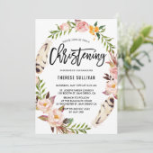 Invitation Plumes de Bohême et couronne de fleurs rose Christ (Debout devant)