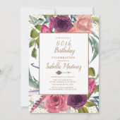 Invitation Plumes de Boho rose pourpre Or floral 60e annivers (Devant)