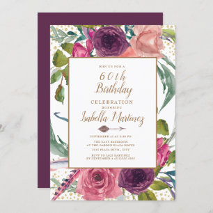 Invitation Plumes de Boho rose pourpre Or floral 60e annivers