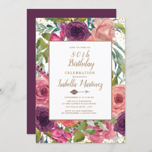 Invitation Plumes de Boho rose pourpre Or floral 80e annivers