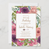 Invitation Plumes de Boho rose pourpre Or floral 90e annivers (Devant)