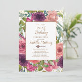 Invitation Plumes de Boho rose pourpre Or floral 90e annivers (Debout devant)