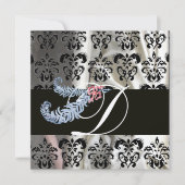 INVITATION PLUMES DE DIAMANT NOIR ARGENTÉ SOIE DAMASSÉE MONOG (Devant)