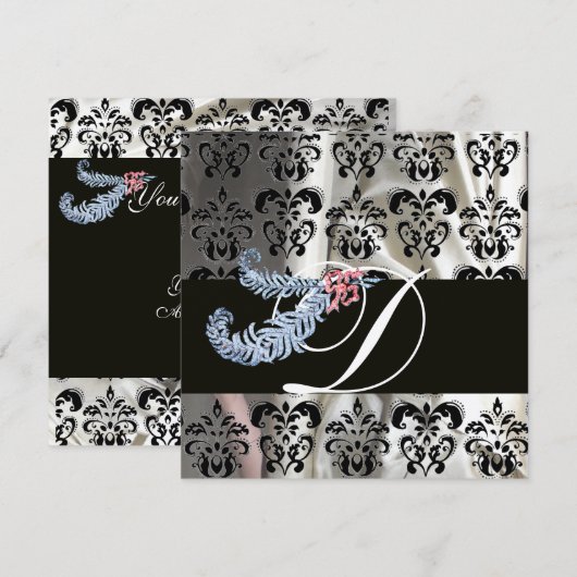 INVITATION PLUMES DE DIAMANT NOIR ARGENTÉ SOIE DAMASSÉE MONOG (Devant / Derrière)