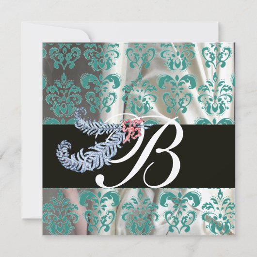 INVITATION PLUMES DE DIAMANT OR BLEU SOIE DAMASSE MONOGRAMME (Devant)