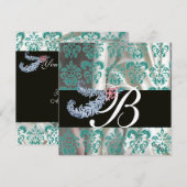 INVITATION PLUMES DE DIAMANT OR BLEU SOIE DAMASSE MONOGRAMME (Devant / Derrière)