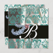 INVITATION PLUMES DE DIAMANT OR BLEU SOIE DAMASSÉE MONOGRAMME (Devant / Derrière)