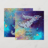 Invitation PLUMES DE DIAMANT, paillettes d'or turquoise bleu (Devant / Derrière)