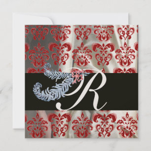 INVITATION PLUMES DE DIAMANT ROUGE OR SOIE DAMASSÉ MONOGRAMME