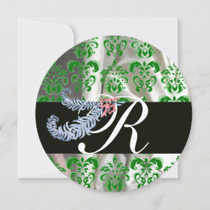 INVITATION PLUMES DE DIAMANT VERT BLANC DAMAS DE SOIE MONOGRA