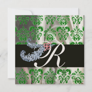 INVITATION PLUMES DE DIAMANT VERT OR SOIE DAMASSÉE MONOGRAMME