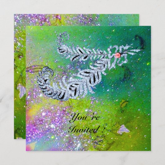 Invitation PLUMES DE DIAMANT , vert violet or étincelant (Devant / Derrière)