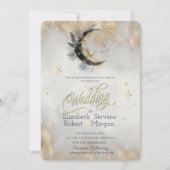 Invitation Plumes de lune céleste étoiles d'or Aquarelle (Devant)