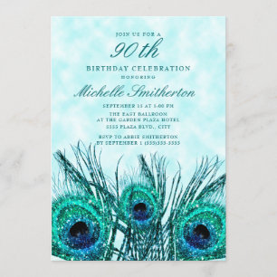 Invitation Plumes de paon bleu sarcelle scintillantes 90e ann