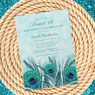 Invitation Plumes de paon bleu sarcelle scintillantes Sweet 1