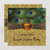 Invitation Plumes de paon bleu vert et or Sweet 16 (Devant / Derrière)