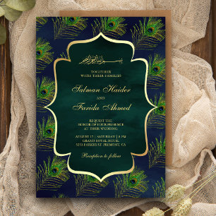 Invitation Plumes de paon bleu-vert Mariage musulman