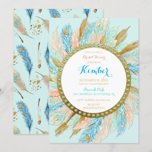 Invitation Plumes de paon Boho Menthe Abricot Or Turquoise