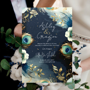 Invitation Plumes de Paon Céleste Élégant Mariage