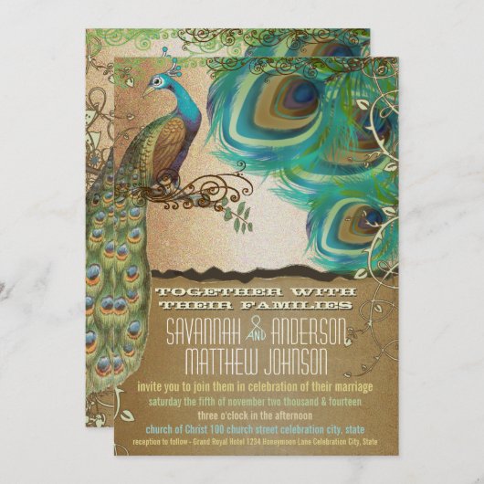 Invitation Plumes de paon doré (Devant / Derrière)