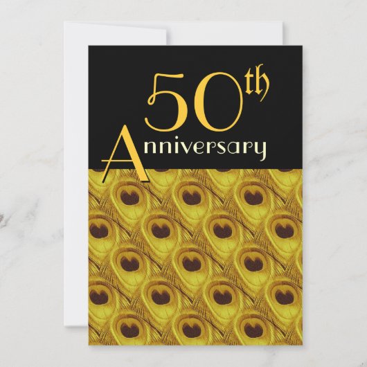 Invitation Plumes de paon dorées pour le 50e anniversaire (Devant)