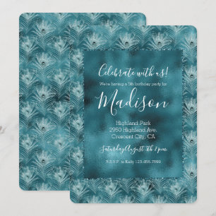 Invitation Plumes de paon glam turquoise brillant