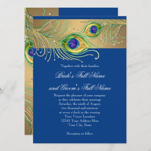 Invitation Plumes de paon moderne Faux Jewel Scroll Swirl (Devant / Derrière)