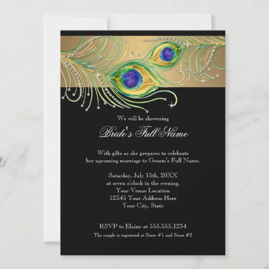 Invitation Plumes de paon moderne Faux Jewel Scroll Swirl (Devant)