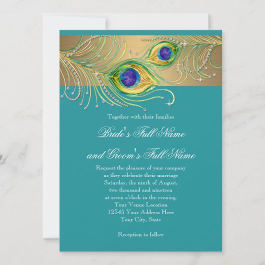 Invitation Plumes de paon moderne Faux Jewel Scroll Swirl (Devant)
