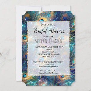 Invitation Plumes de paon or turquoise aqua