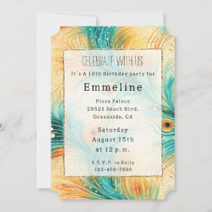 Invitation Plumes de paon orange pêche sarcelle tropicale