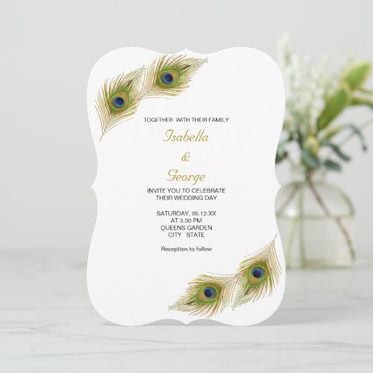 Invitation Plumes de paon sur Mariage bleu clair et blanc (Debout devant)
