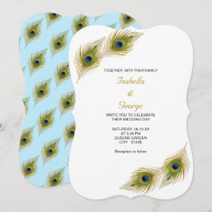 Invitation Plumes de Paon sur un Mariage Bleu Clair et Blanc