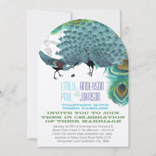 Invitation Plumes de paon vintage avec oiseaux d'amour paon