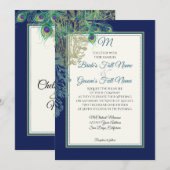Invitation Plumes de paon vintage bleu marine - Mariage (Devant / Derrière)