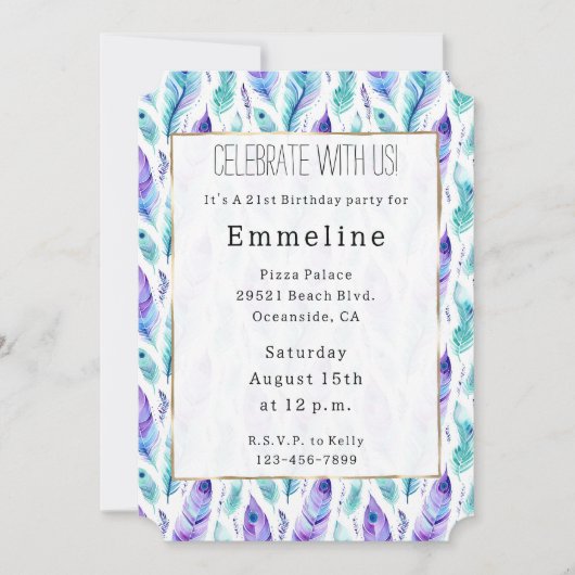 Invitation Plumes de paon violet turquoise (Devant)