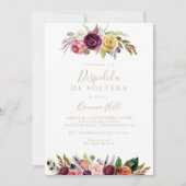 Invitation Plumes d'or Boho Floral Fête des mariées espagnole (Devant)