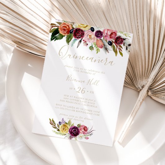 Invitation Plumes d'or Boho Tropical Floral Quinceañera