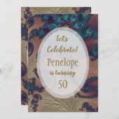 Invitation Plumes d'or turquoise et Rose Fractal 50e annivers (Devant / Derrière)