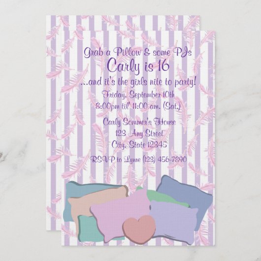 Invitation Plumes et Coussins/ Anniversaire (Devant / Derrière)