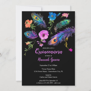 Invitation Plumes et fleurs de paon Quinceañera