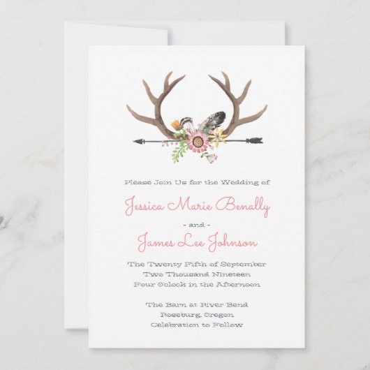 Invitation Plumes fleurs sauvages et Mariage Flèche (Devant)