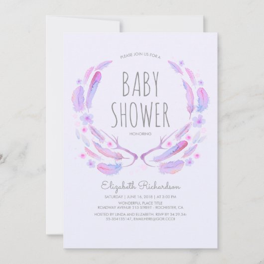 Invitation Plumes florales Antlers Baby shower Boho bois (Devant)