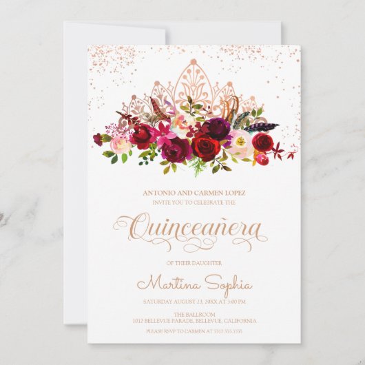 Invitation Plumes florales Boho & Rose Gold Tiara Quinceanera (Devant)