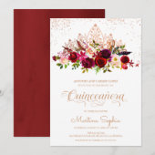 Invitation Plumes florales Boho & Rose Gold Tiara Quinceanera (Devant / Derrière)