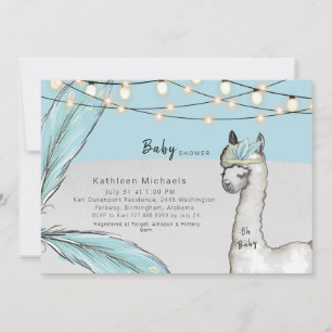 Invitation Plumes Llama Turquoise Oh Baby Boy Douche
