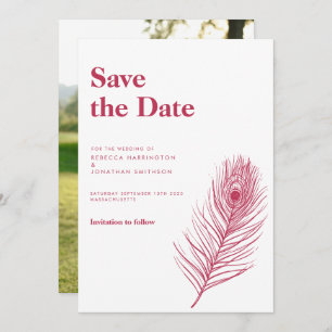 Invitation Plumes minimum Magenta Mariage Enregistrer la date