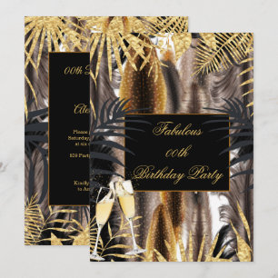 Invitation Plumes Noir Or Brun Champagne Fête d'anniversaire