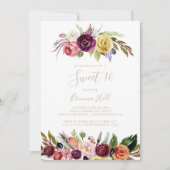 Invitation Plumes or Boho Floral Sweet 16 Anniversaire (Devant)