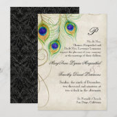 Invitation Plumes Peacock Black Mariage damassé papeterie (Devant / Derrière)
